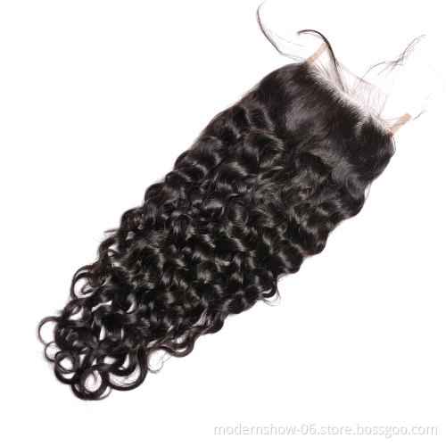 Wholesale price brazilian virgin human hair water wave lace closure, free part middle part three part human lace closure